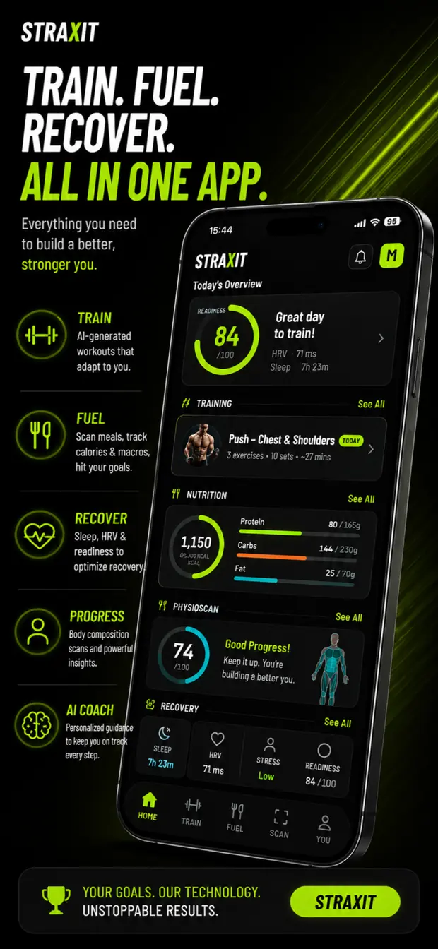 Today's overview showing a readiness score, the day's training session, nutrition macros, PhysiqScan progress, and recovery metrics.