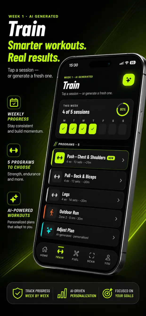A generated strength workout with exercises, sets, and estimated duration.